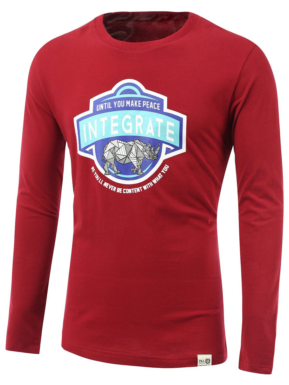 

Rhinoceros and Letters Print Round Neck Long Sleeve T-Shirt, Wine red