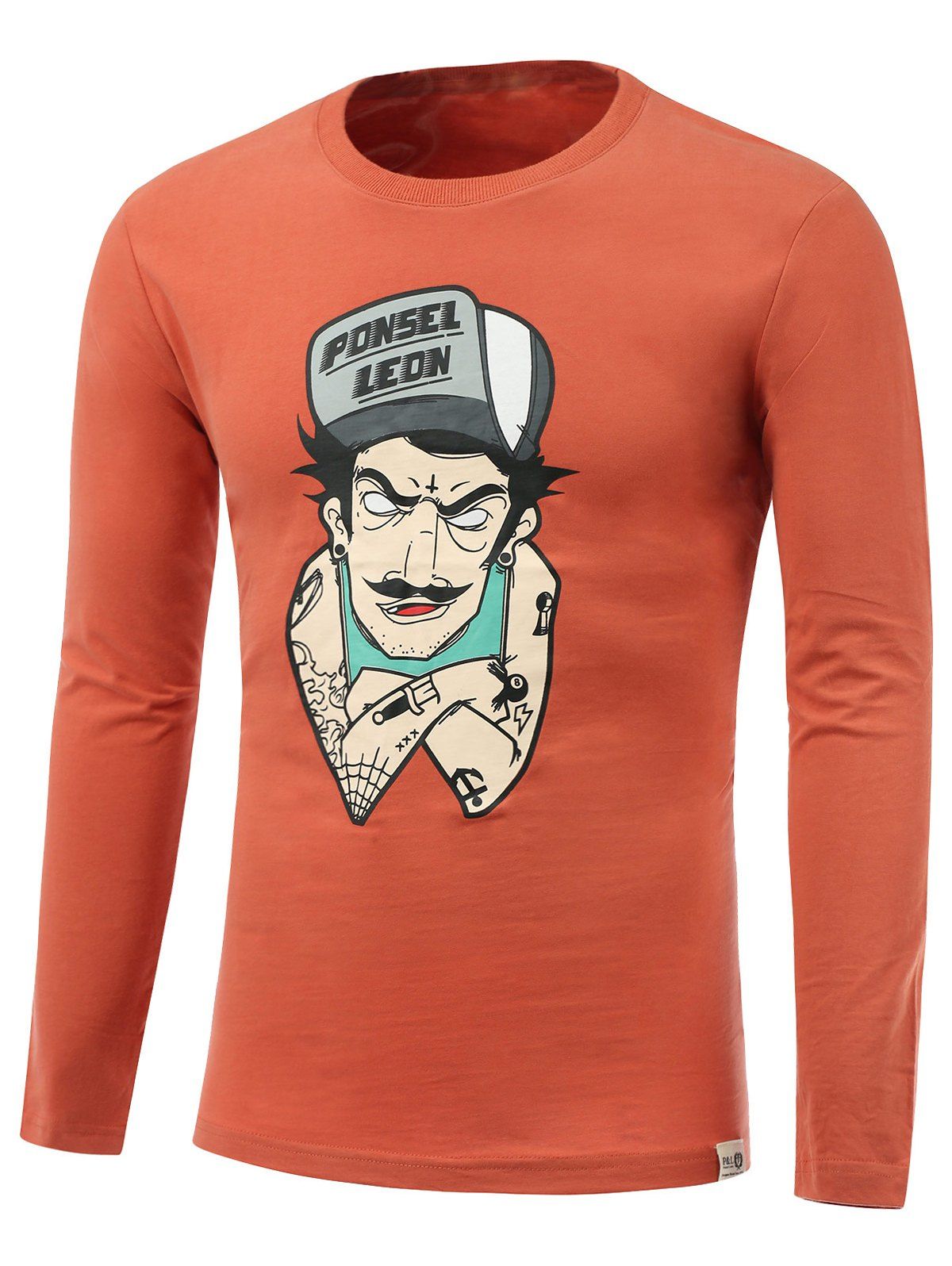 

Cartoon Tattoo Man Print Round Neck Long Sleeve T-Shirt, Orange