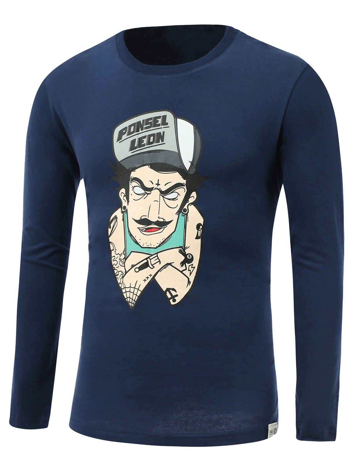 

Cartoon Tattoo Man Print Round Neck Long Sleeve T-Shirt, Sapphire blue
