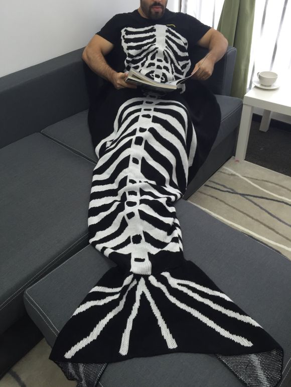 Couverture Sirène Enveloppante Motif Squelette de Poisson Halloween pour Hommes - Blanc et Noir 