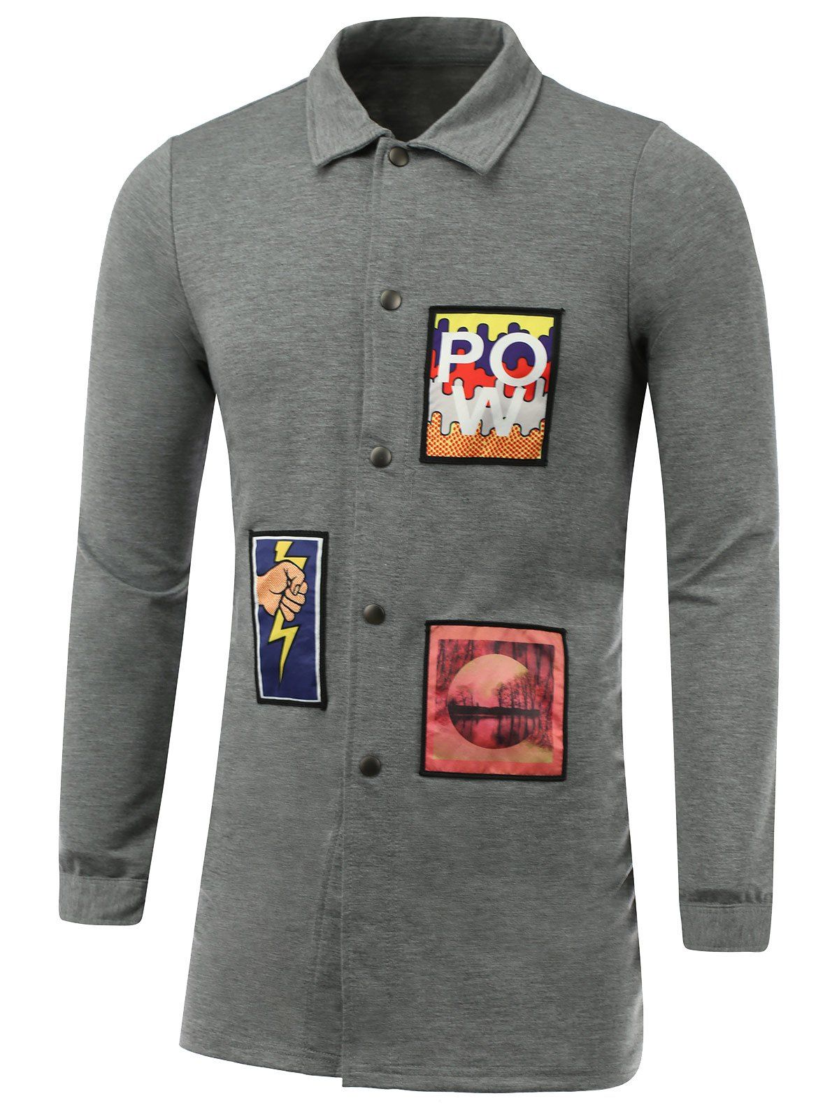 

Appliques Design Turn-Down Collar Lengthen Jacket, Gray