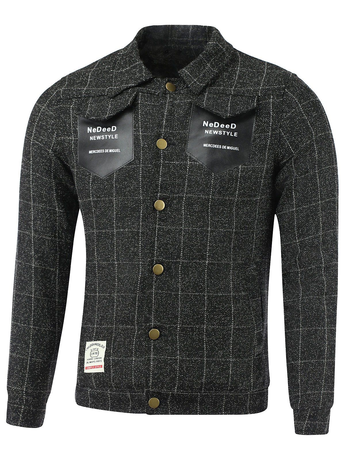 

PU-Leather Spliced Pockets Turn-Down Collar Checked Jacket, Black