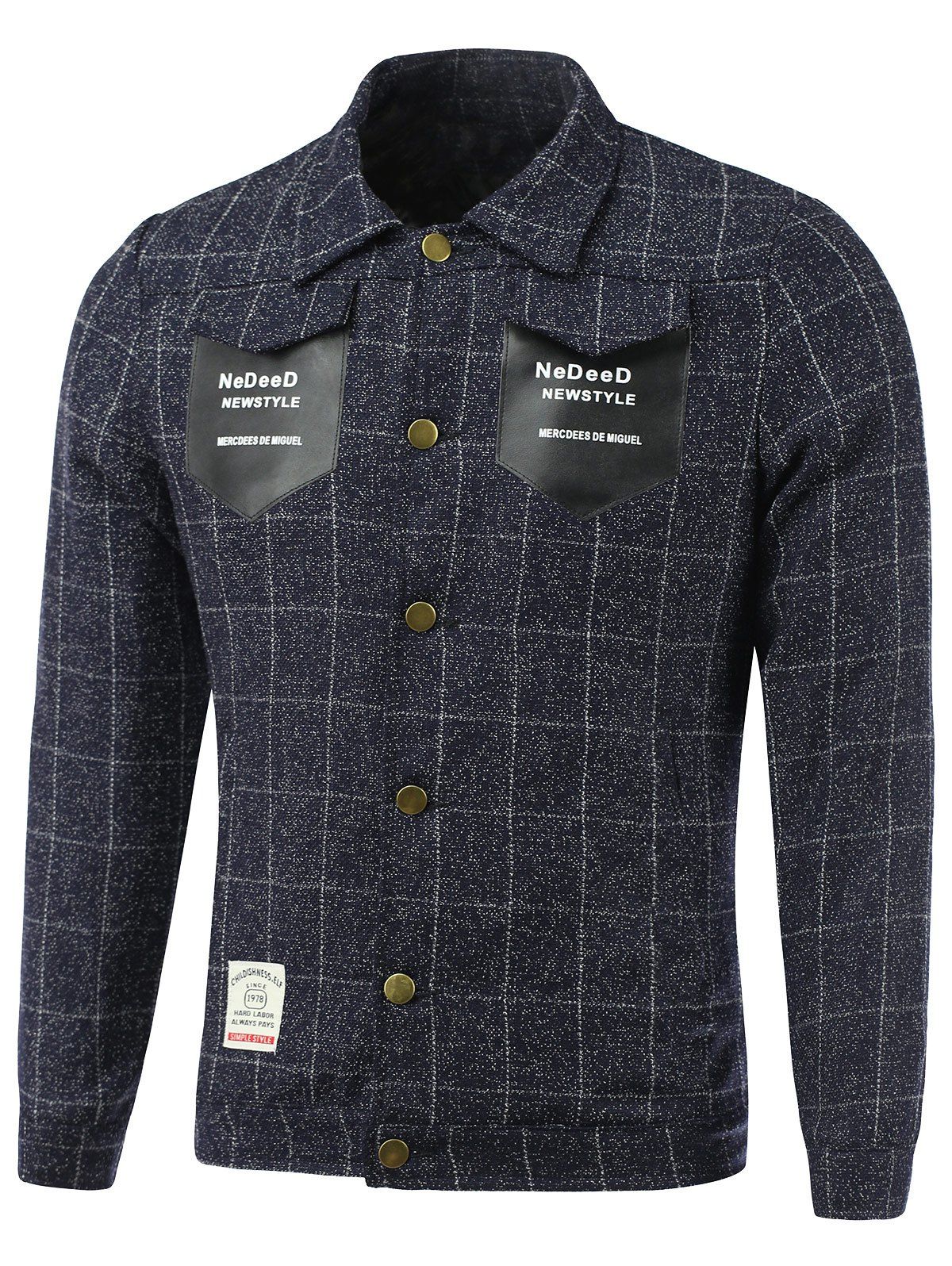 

PU-Leather Spliced Pockets Turn-Down Collar Checked Jacket, Deep blue