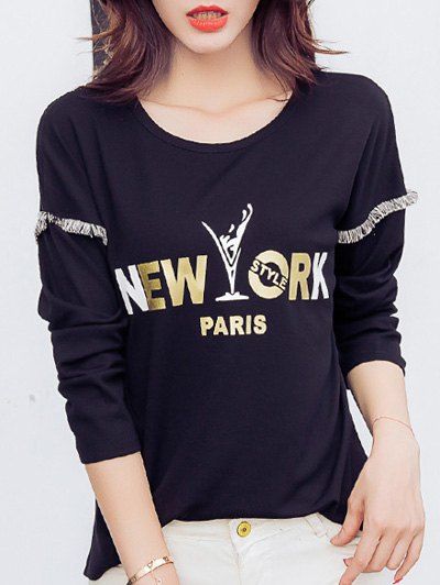 

New York Print Fringed T-Shirt, Black