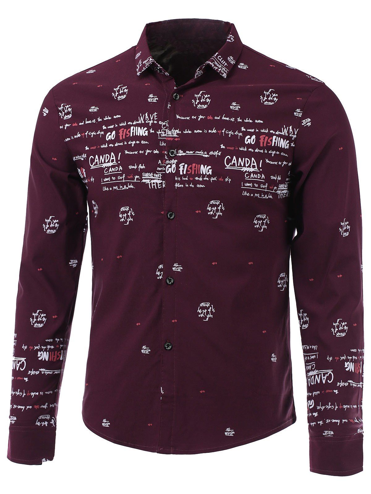 

Letters Printed Turn-Down Collar Long Sleeve Shirt, Red