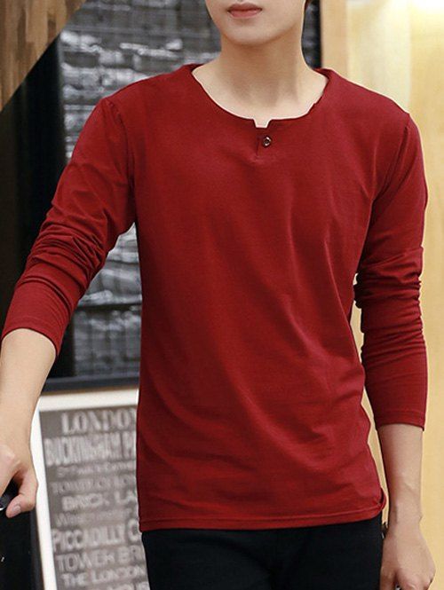 

Long Sleeve Round Neck Buttoned T-Shirt, Red