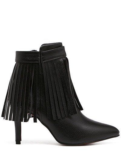 

Pointed Toe Zipper Fringe Ankle Boots, Black