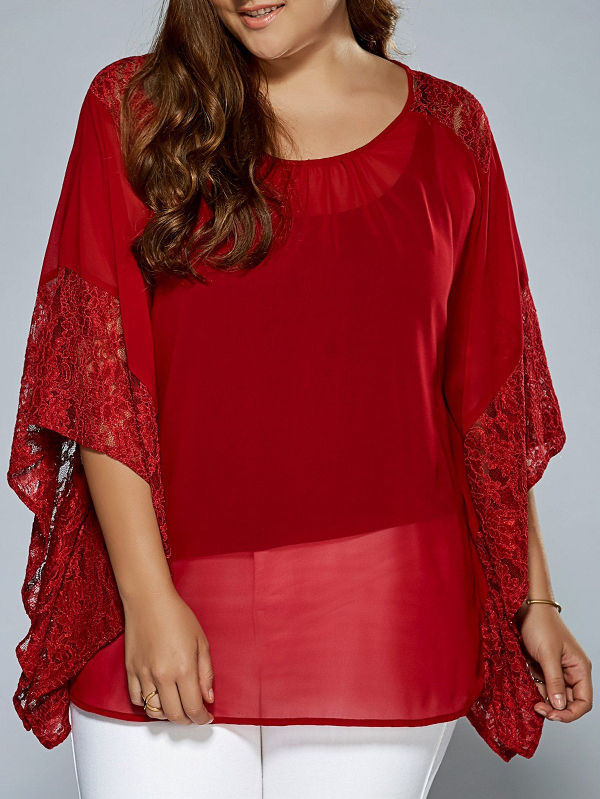 41 Off 2021 Plus Size Batwing Sleeve Lace Trim Blouse In Red Dresslily 2086