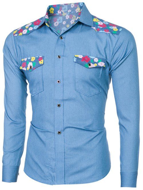 

Long Sleeve Breast Pocket Floral Denim Shirt, Light blue