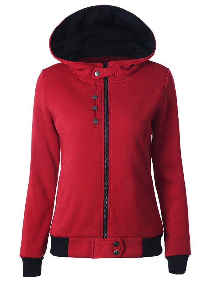 

Buttoned Hooded Cottony Jacket, Red