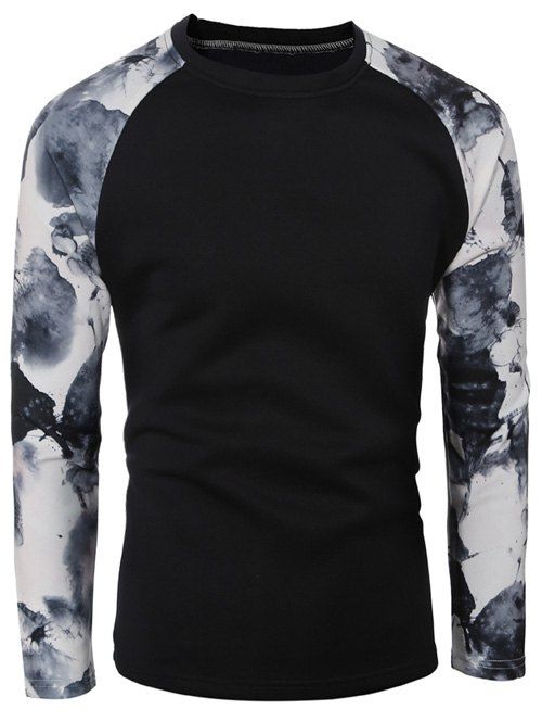 

Raglan Sleeve Printed Crew Neck Sweatshirt, Black