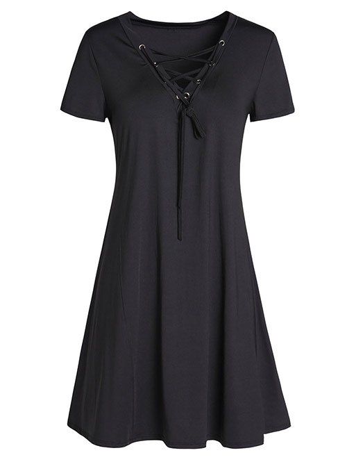 

Lace-Up Vintage A-Line Mini Dress, Black