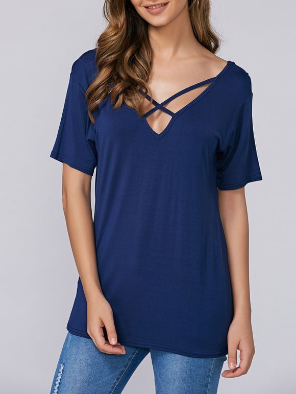 Short Sleeves Criss Cross T-Shirt - DEEP BLUE S