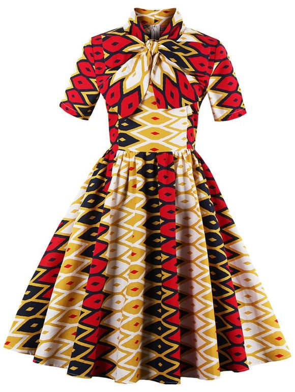 Bowknot Geometric Print Swing Vintage Dress - Jaune et Rouge L