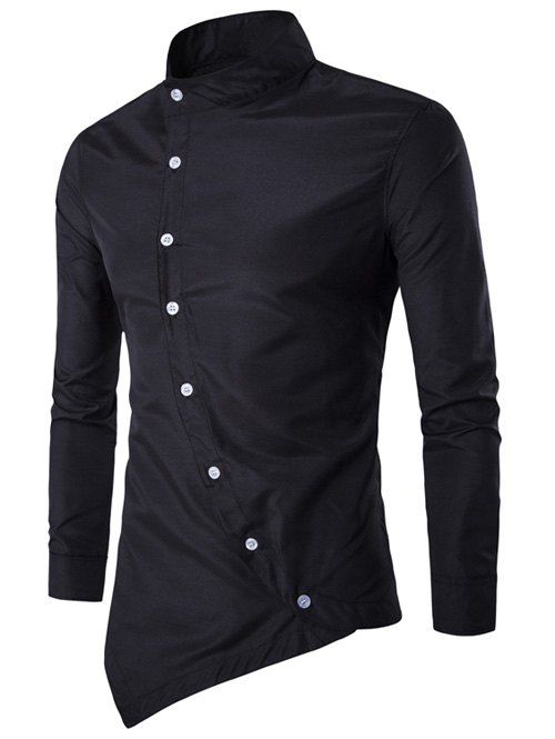 Asymétrique Bouton Stand Up Collar Shirt - Noir L