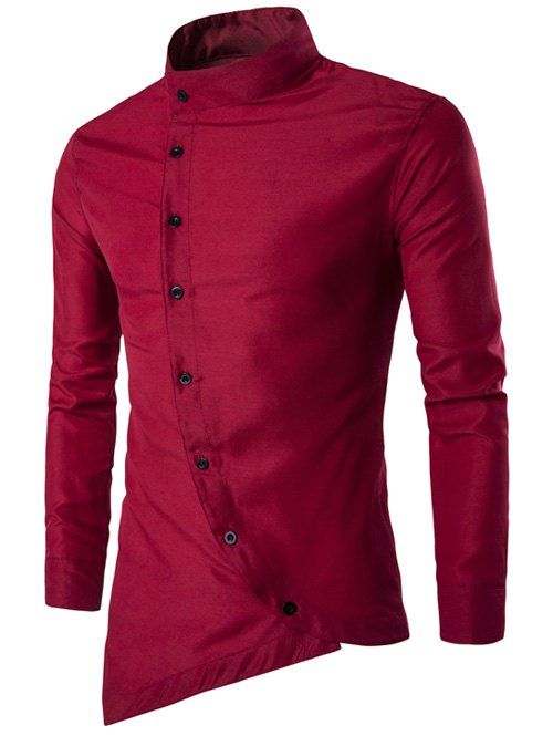 [17% OFF] 2020 Asymmetric Stand Collar Button Up Shirt In RED | DressLily