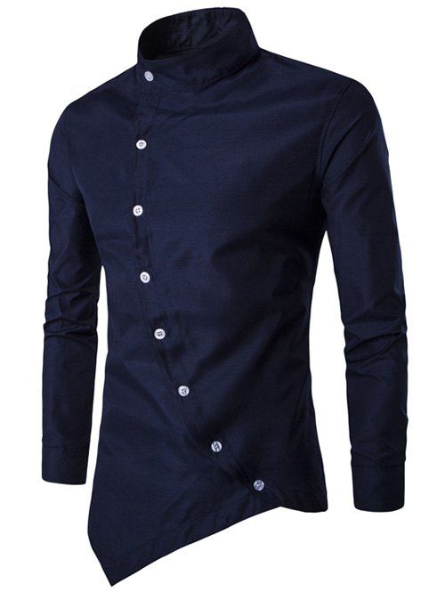 Asymétrique Bouton Stand Up Collar Shirt - Cadetblue XL