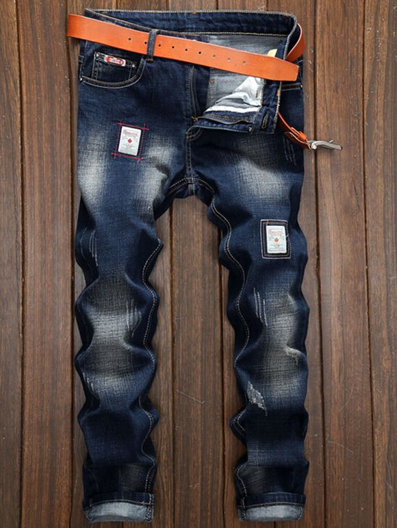 Zipper Fly Straight Leg Applique embellies Jeans - Bleu 33