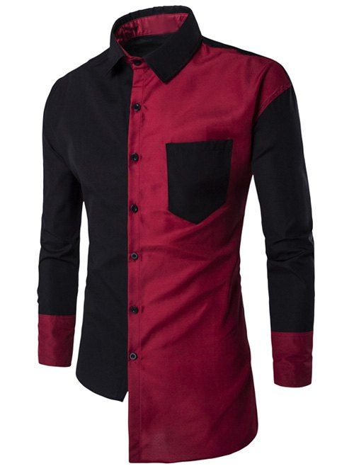 Bouton Asymmetric Up Color Block Shirt - Rouge et Noir 2XL