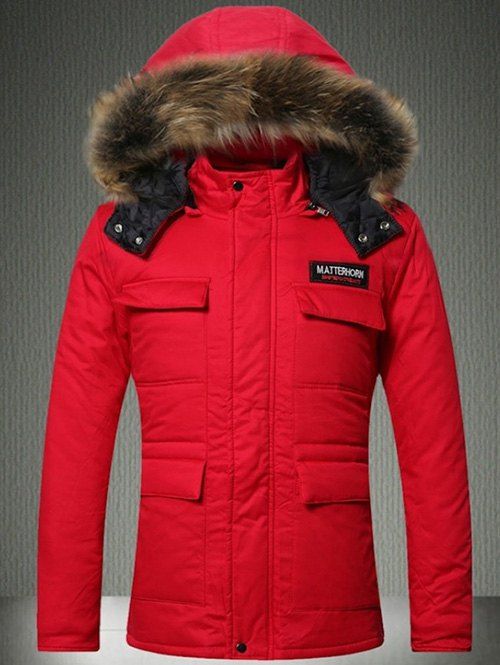 

Faux Fur Hooded Multi-Pocket Quilted Jacket, Red