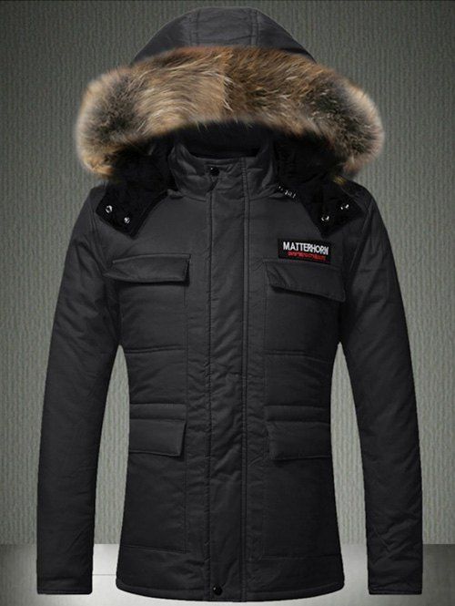

Faux Fur Hooded Multi-Pocket Quilted Jacket, Black