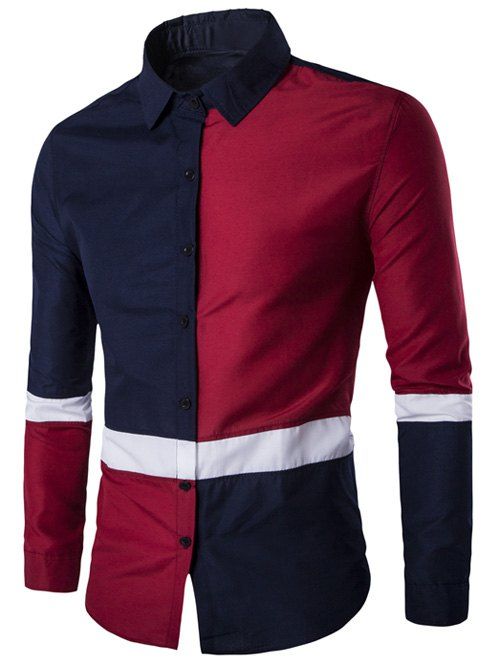 

Button Up Long Sleeve Color Block Shirt, Cadetblue