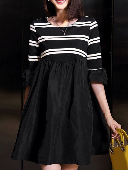Bell a Sleeve Striped Patchwork Dress - Noir ONE SIZE