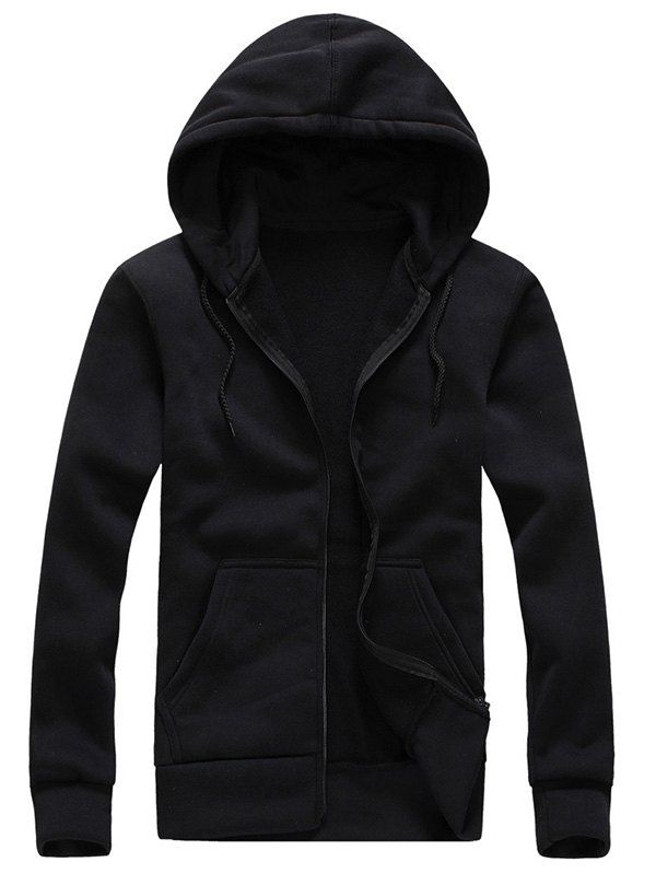 

Drawstring Zip Up Plain Hoodie, Black