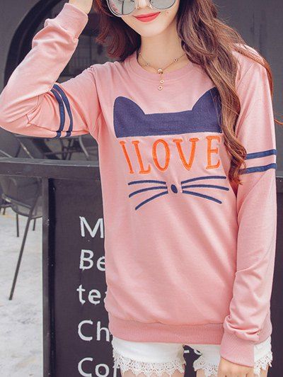 Manches longues Kitten T-shirt brodé - Rose Clair 3XL