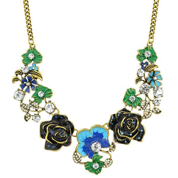 

Rose Flower Leaf Rhinestone Necklace, Blue
