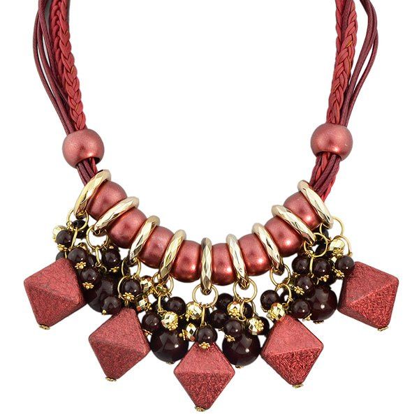 

Faux Leather Braid Beads Geometric Necklace, Red
