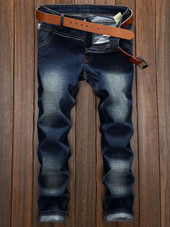Spliced ​​design jambe droite Bleach Wash Jeans - Bleu 32