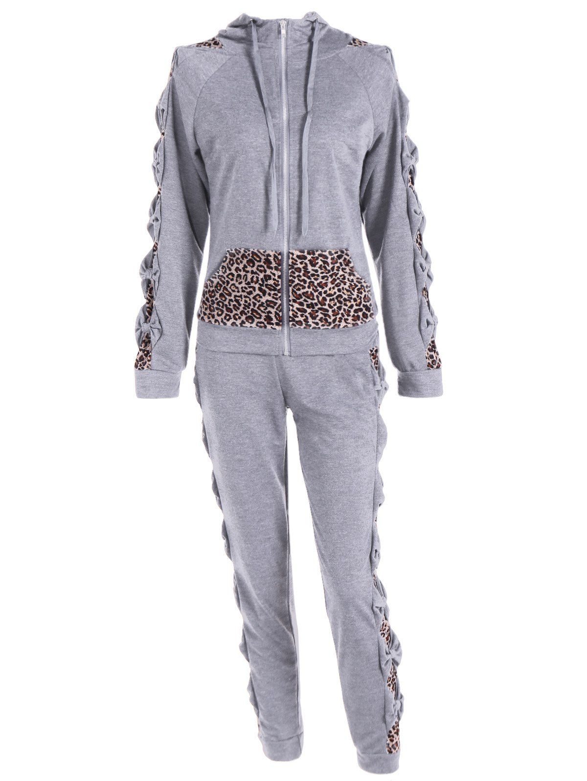 

Leopard Printed Pants and Zip Up Hooded Top, Light gray
