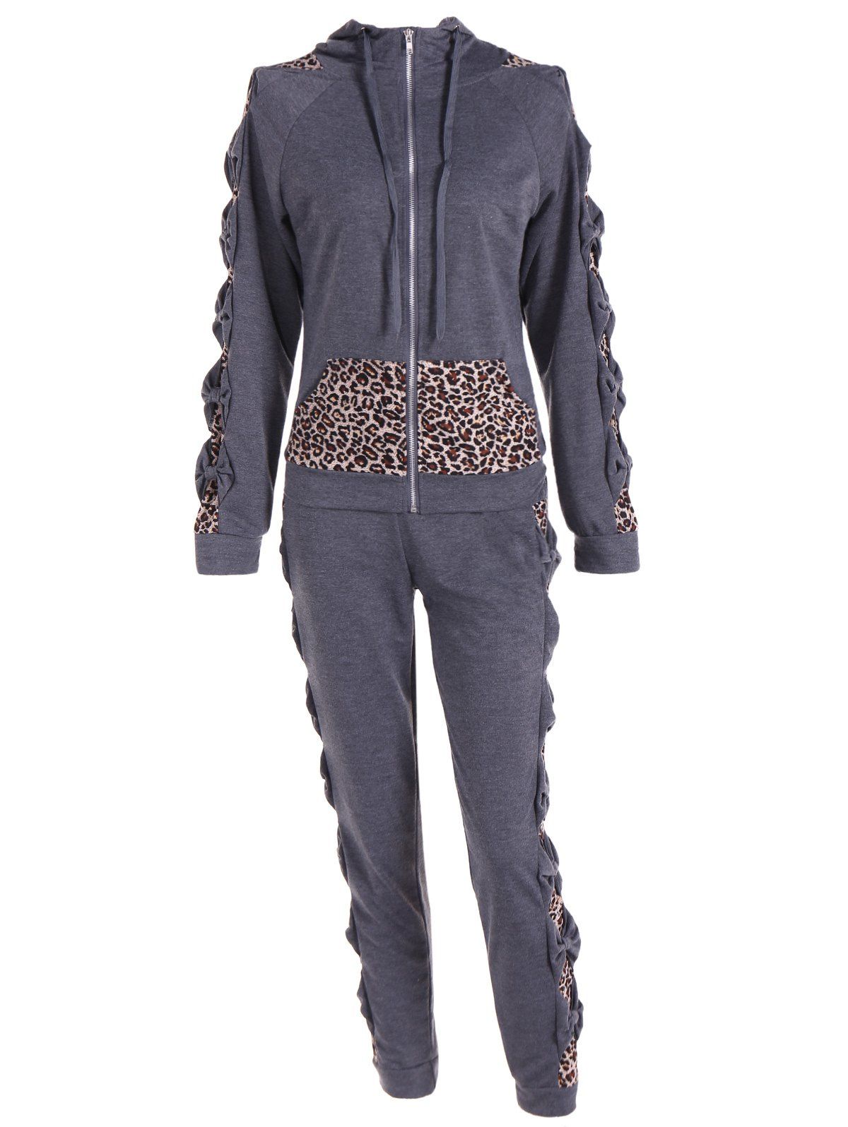 

Leopard Printed Pants and Zip Up Hooded Top, Deep gray