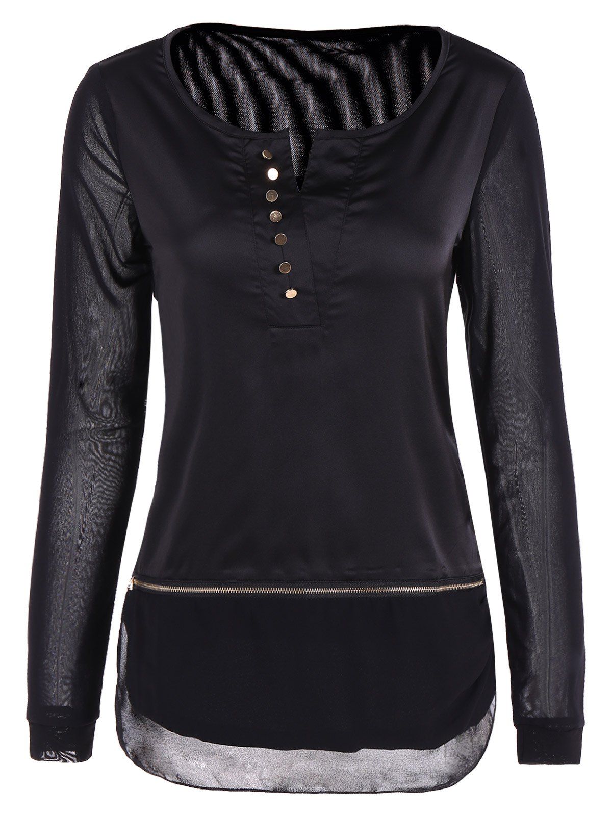 

Mesh Front Button Blouse, Black
