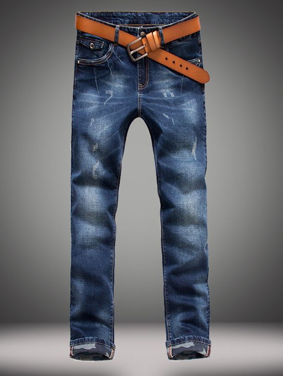 Camo Hemming design jambe droite Bleach Wash Jeans - Bleu 29