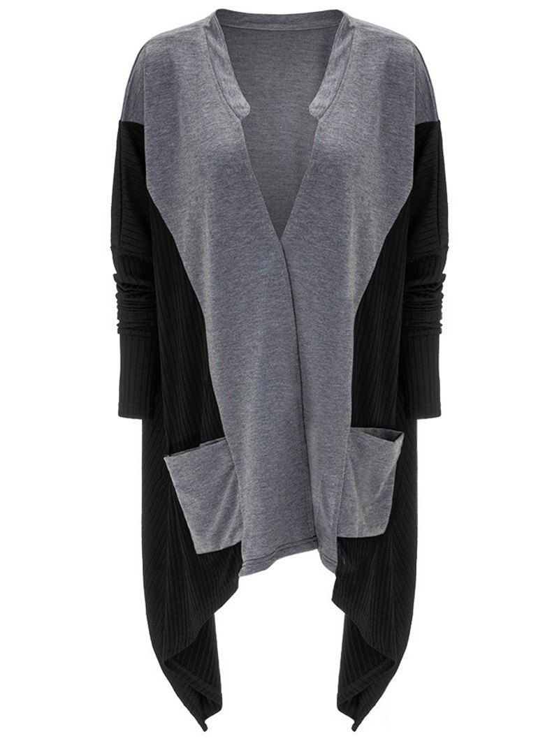 

Asymmetrical Pocket Design Patchwork Cardigan, Black