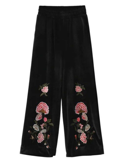 Pantalon rétro large en velours brodé de fleur - Noir S