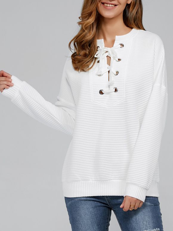 Sweat-shirt Côtelé à Lacets - Blanc XL
