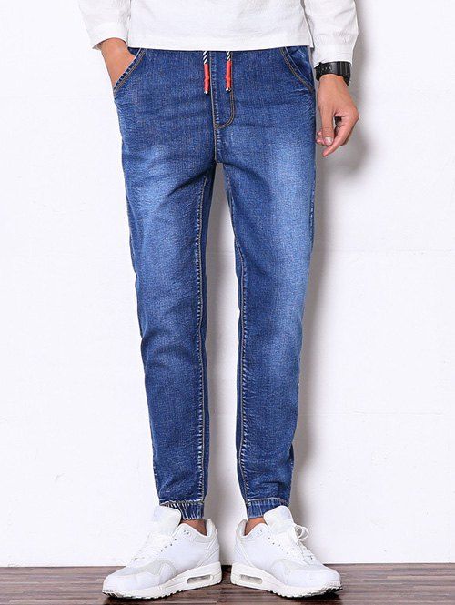 

Faded Drawstring Denim Jogger Pants, Blue