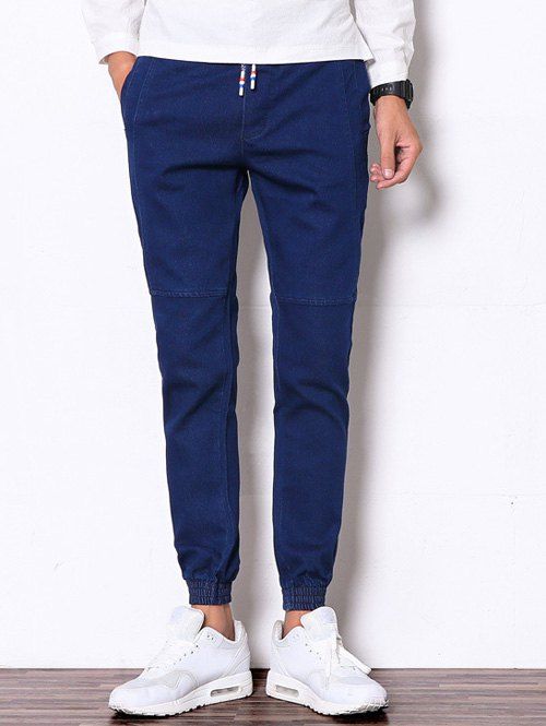 Pieds Beam Drawstring Spliced ​​Pantalon design Denim Jogger - Bleu profond 2XL