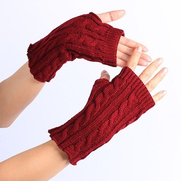 Gants d'hiver Crochet de chanvre Fleurs en tricot Mitaines - Rouge vineux 