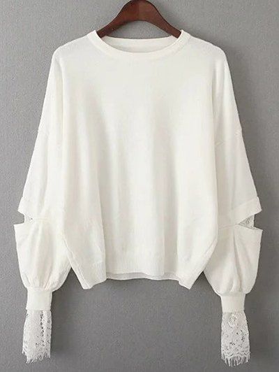 

Lantern Sleeve Lace Spliced Loose Sweater, White