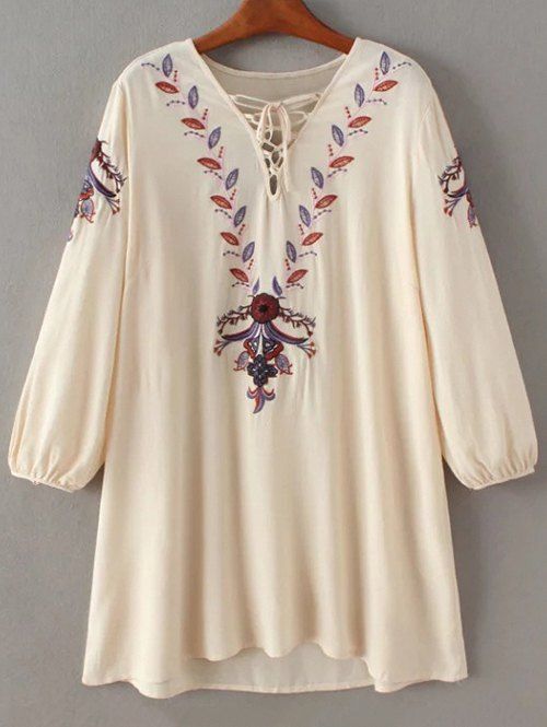 

Lace-Up Vintage Embroidered Mini Dress, Apricot