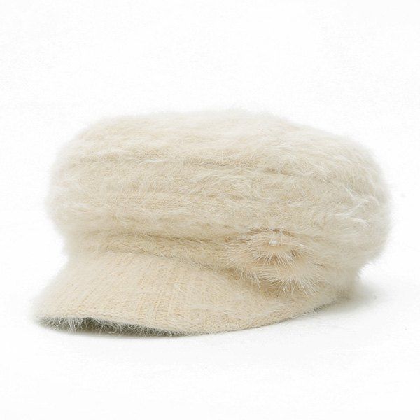 

Faux Fur Flowers Knit Beret Hat, Off-white