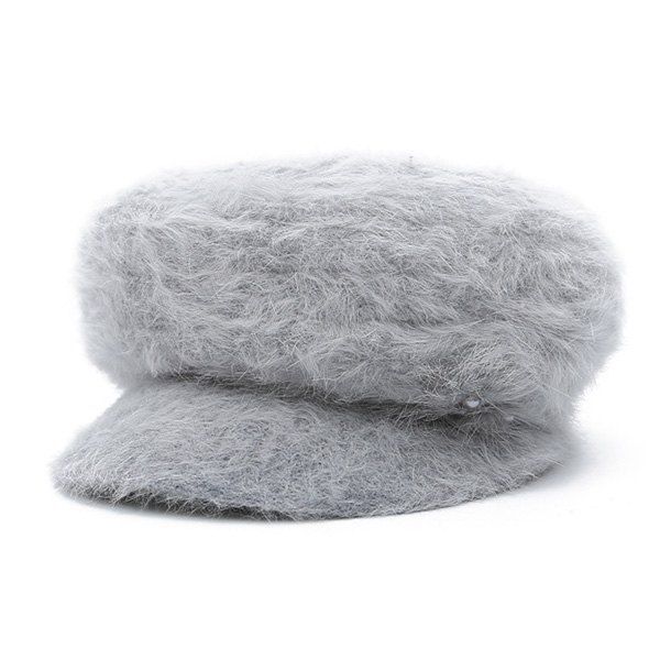 

Faux Fur Flowers Knit Beret Hat, Gray
