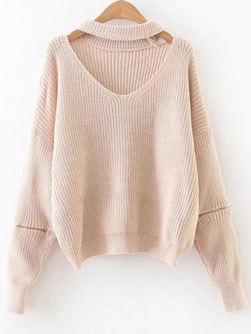 

Cut Out Zipper Sleeve Choker Sweater, Pinkbeige