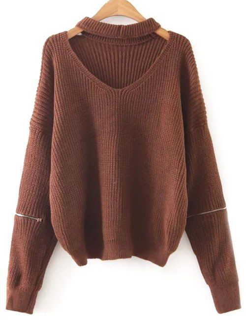 

Cut Out Zipper Sleeve Choker Sweater, Dark auburn