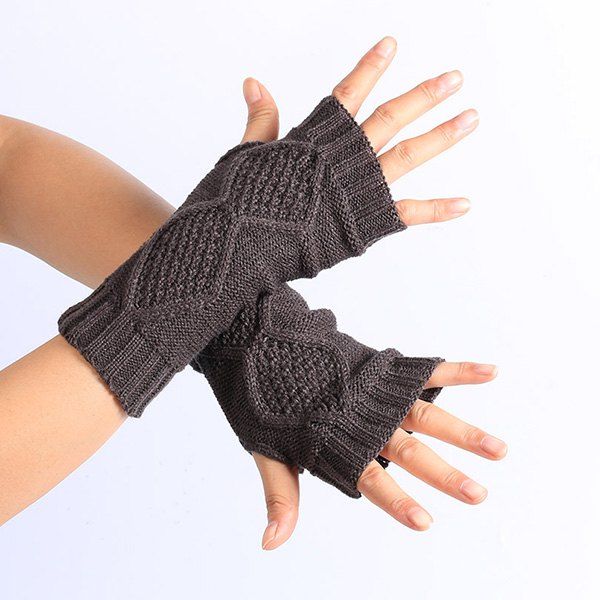 

Rhombus Line Embelished Knit Fingerless Gloves, Deep gray