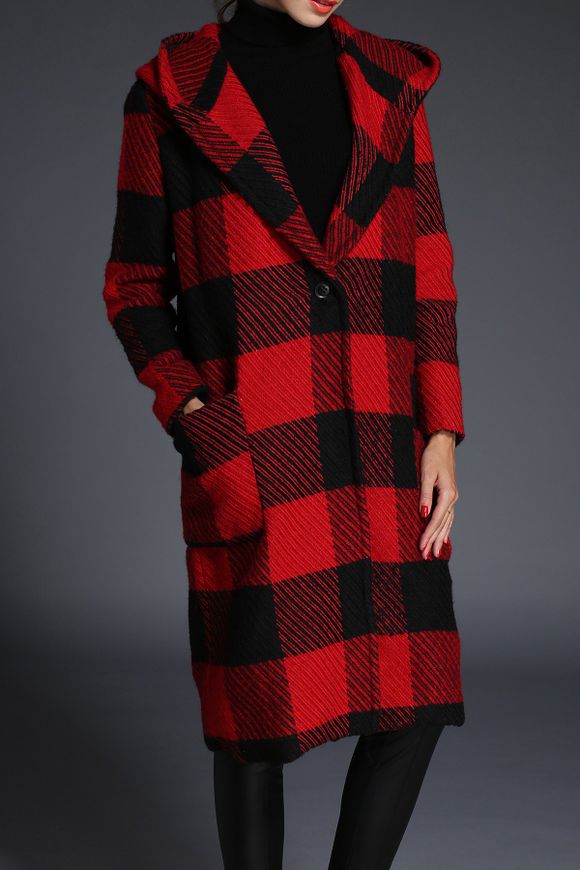 Plaid Hooded Wool Coat - RED/BLACK S